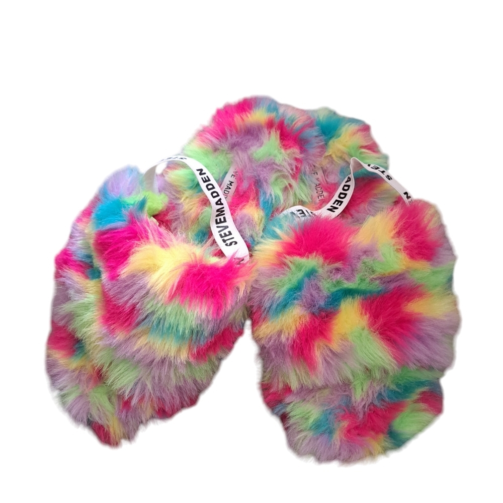 STEVE MADDEN plush multicolor furry slippers slip on elastic back open toe LG